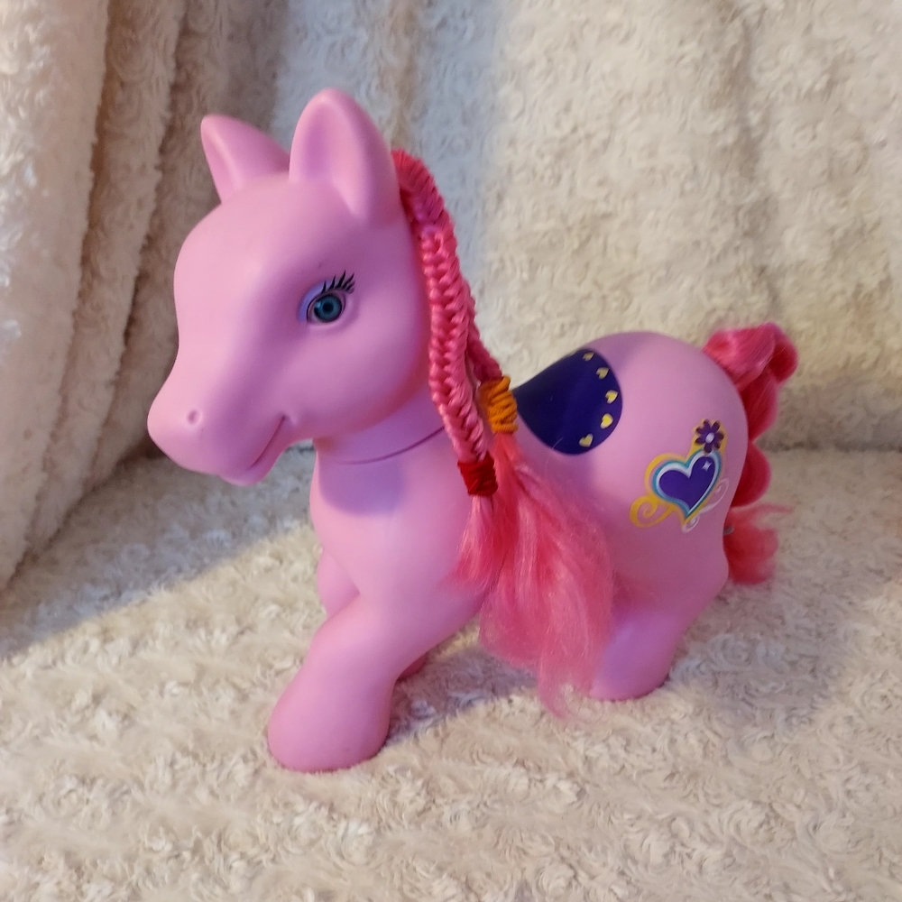 Pink Pony Horse Toy with Hearts and Movable head Braided Mane